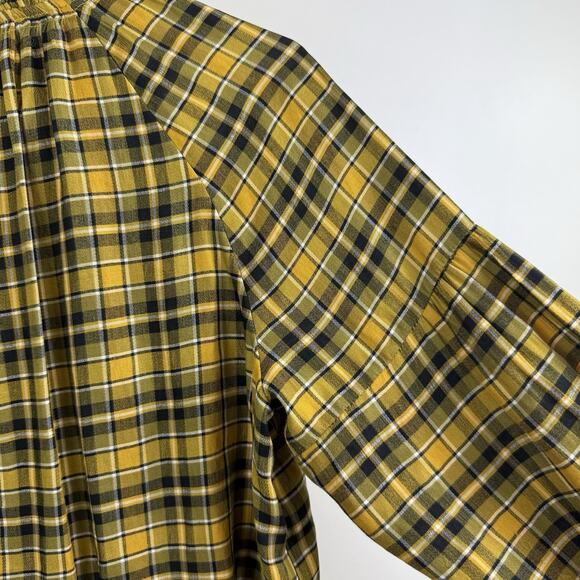 Loft Yellow Black Plaid Button Up Shirt Small Ruffle Neck Fall Tunic Preppy - Picture 10 of 14